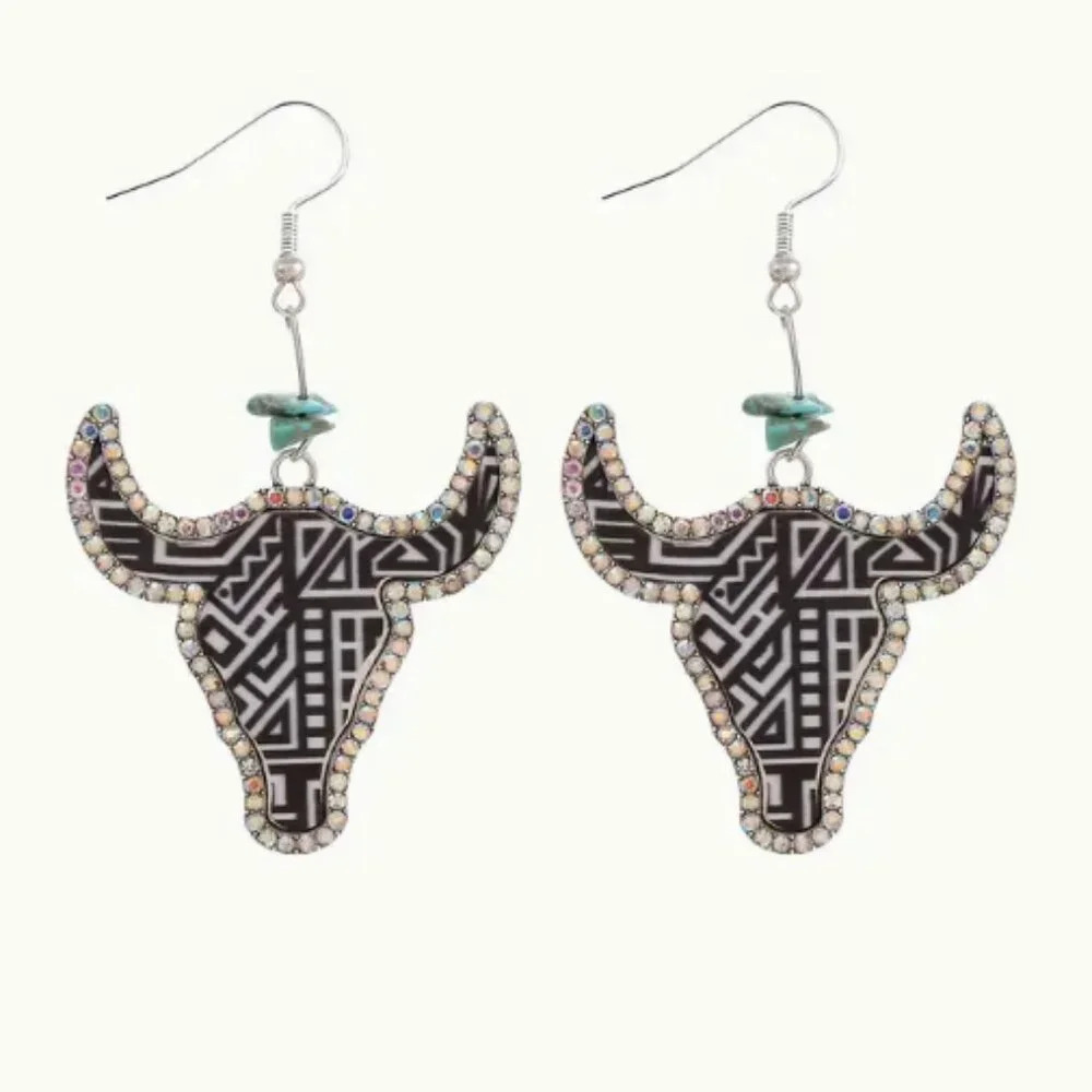 NEW Western Earrings - Cow Bulls Head Rhinestones - Silver Plated Findings